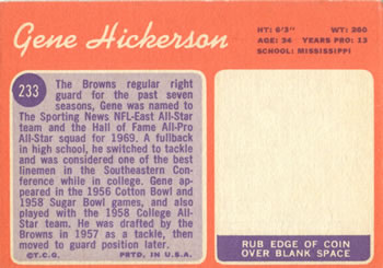 1970 Topps #233 Gene Hickerson Back