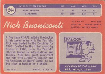1970 Topps #244 Nick Buoniconti Back