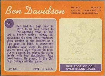 1970 Topps #251 Ben Davidson Back