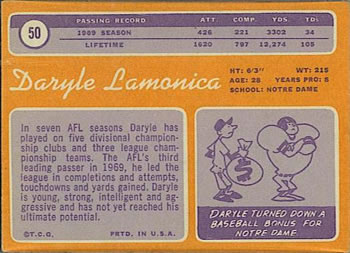 1970 Topps #50 Daryle Lamonica Back