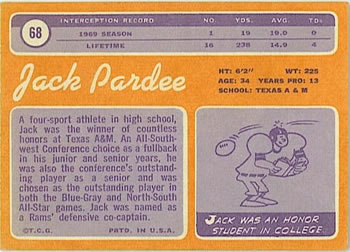 1970 Topps #68 Jack Pardee Back