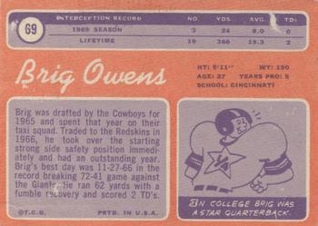 1970 Topps #69 Brig Owens Back