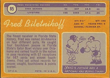 1970 Topps #85 Fred Biletnikoff Back