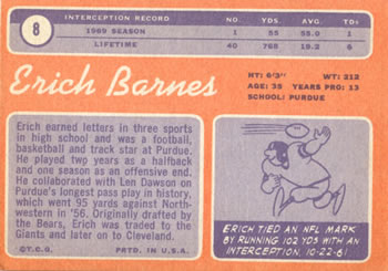 1970 Topps #8 Erich Barnes Back