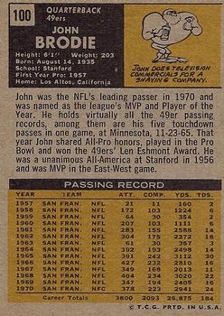 1971 Topps #100 John Brodie Back