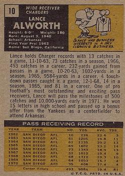 1971 Topps #10 Lance Alworth Back