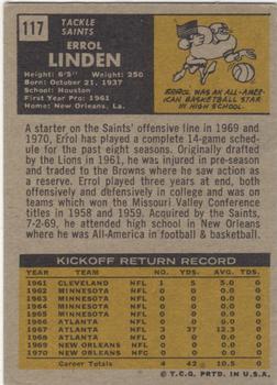 1971 Topps #117 Errol Linden Back