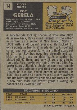 1971 Topps #14 Roy Gerela Back