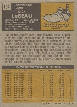 1971 Topps #154 Dick LeBeau Back