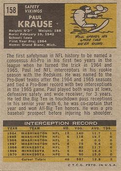 1971 Topps #158 Paul Krause Back