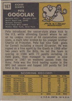 1971 Topps #167 Pete Gogolak Back