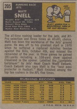 1971 Topps #205 Matt Snell Back