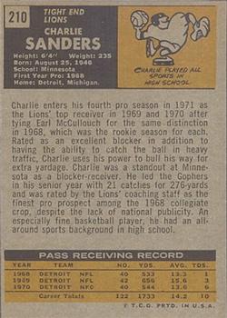 1971 Topps #210 Charlie Sanders Back
