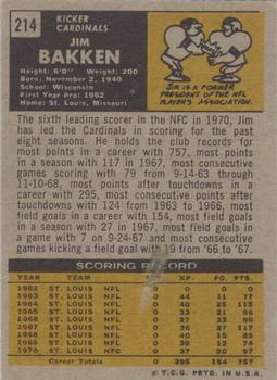 1971 Topps #214 Jim Bakken Back