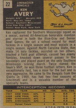 1971 Topps #22 Ken Avery Back