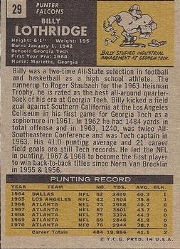 1971 Topps #29 Billy Lothridge Back