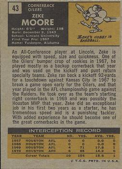 1971 Topps #43 Zeke Moore Back
