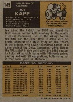1971 Topps #145 Joe Kapp Back