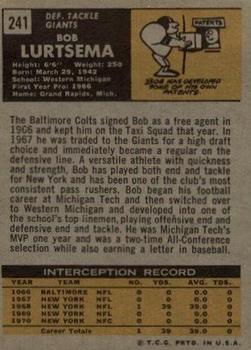 1971 Topps #241 Bob Lurtsema Back
