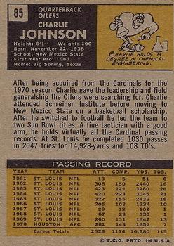 1971 Topps #85 Charley Johnson Back