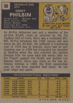 1971 Topps #98 Gerry Philbin Back