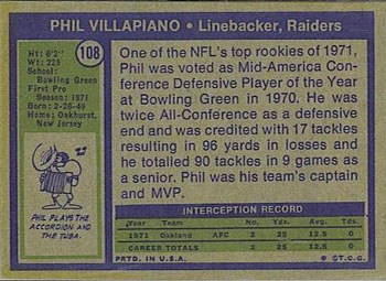 1972 Topps #108 Phil Villapiano Back