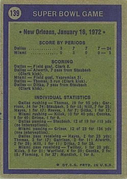 1972 Topps #139 Super Bowl VI Back