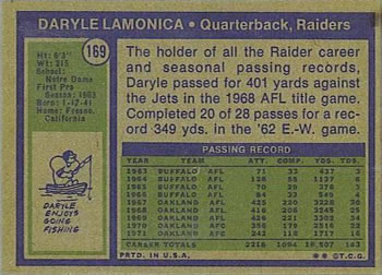 1972 Topps #169 Daryle Lamonica Back