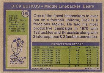 1972 Topps #170 Dick Butkus Back