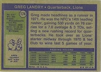 1972 Topps #174 Greg Landry Back