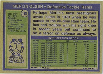 1972 Topps #181 Merlin Olsen Back
