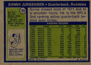 1972 Topps #195 Sonny Jurgensen Back