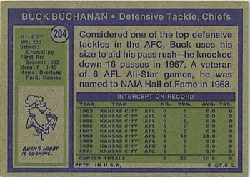 1972 Topps #204 Buck Buchanan Back
