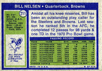 1972 Topps #211 Bill Nelsen Back