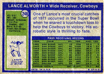 1972 Topps #248 Lance Alworth Back
