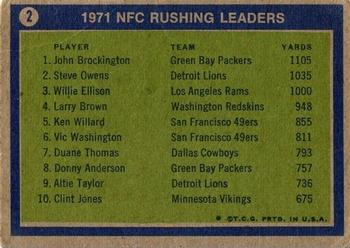 1972 Topps #2 1971 NFC Rushing Leaders (John Brockington / Steve Owens / Willie Ellison) Back