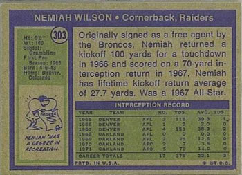 1972 Topps #303 Nemiah Wilson Back