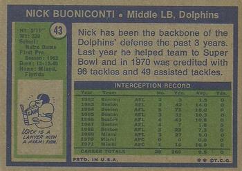 1972 Topps #43 Nick Buoniconti Back