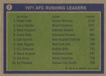 1972 Topps #1 1971 AFC Rushing Leaders (Floyd Little / Larry Csonka / Marv Hubbard) Back