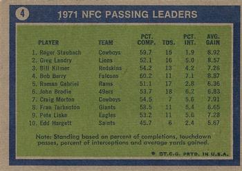 1972 Topps #4 1971 NFC Passing Leaders (Roger Staubach / Greg Landry / Bill Kilmer) Back