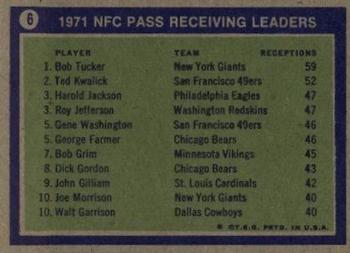 1972 Topps #6 1971 NFC Receiving Leaders (Bob Tucker / Ted Kwalick / Harold Jackson / Roy Jefferson) Back