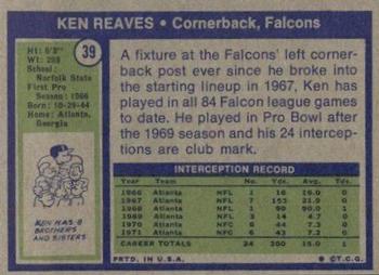 1972 Topps #39 Ken Reaves Back