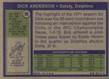 1972 Topps #98 Dick Anderson Back