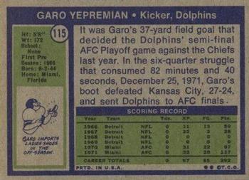 1972 Topps #115 Garo Yepremian Back