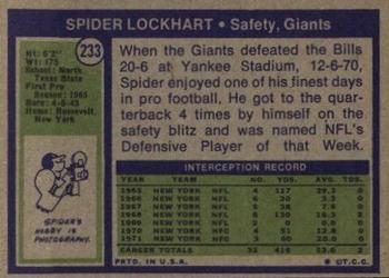 1972 Topps #233 Spider Lockhart Back
