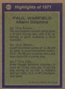 1972 Topps #271 Paul Warfield Back