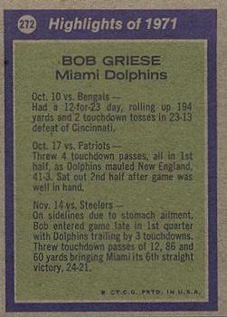 1972 Topps #272 Bob Griese Back