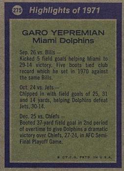 1972 Topps #275 Garo Yepremian Back