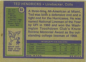 1972 Topps #93 Ted Hendricks Back