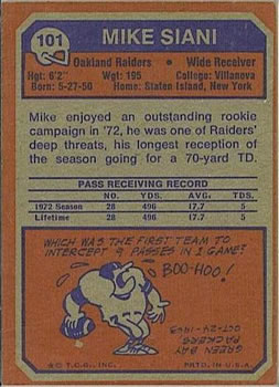 1973 Topps #101 Mike Siani Back